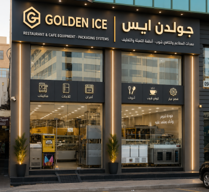 واجهة خارجية لأحد فروع جولدن آيس لتجهيزات المطاعم والكافيهات في السعودية